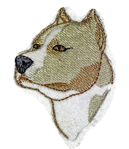 Staffordshire Terrier dog face embroidery patch, 4 inches by 3 inches, showcasing intricate stitching and vibrant colors.