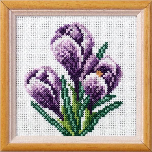 Stamped Cross Stitch Kit 'Crocuses' featuring printed Aida fabric, 9 colors of cotton, and included needle and instructions.