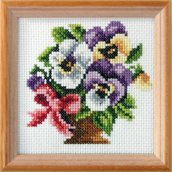 Stamped Cross Stitch Kit 'Pansies' featuring printed Aida fabric, vibrant threads, and included needle and instructions.