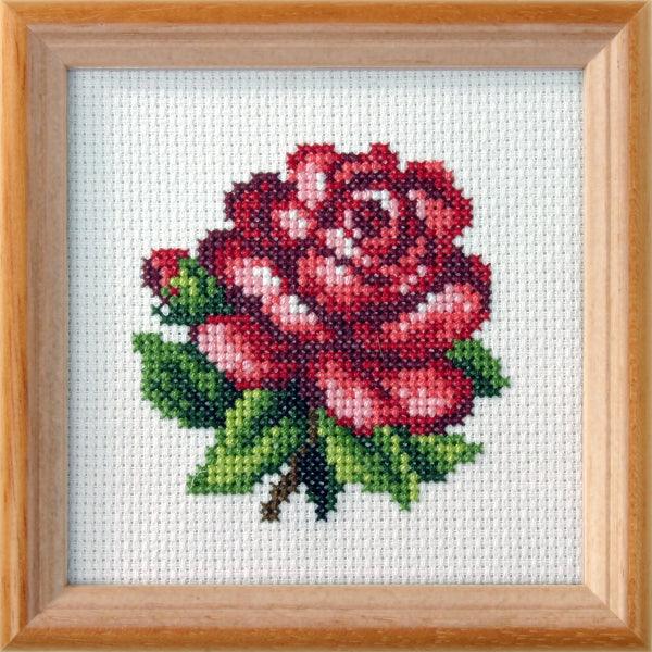 Stamped Cross Stitch Kit 'Red Rose' featuring printed Aida fabric, 10 colors of cotton, and included needle and instructions.