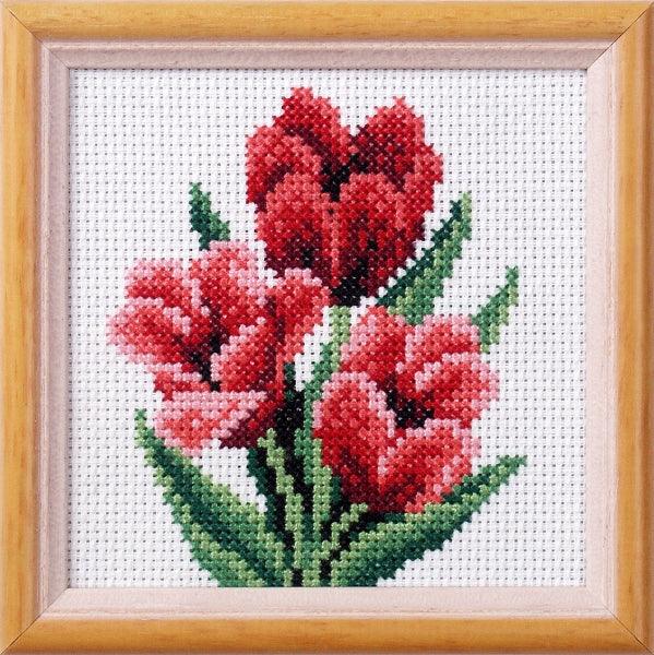 Stamped Cross Stitch Kit featuring tulip design, includes printed canvas, cotton threads, needle, and instructions.