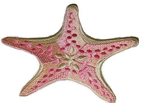 Starfish embroidered iron on/sew patch measuring 5.5" x 4.5", featuring vibrant colors and intricate stitching.