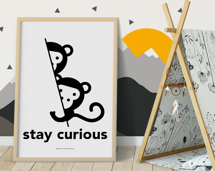 Colorful 'Stay Curious' wall art designed for children's rooms, featuring vibrant graphics that inspire creativity and exploration.