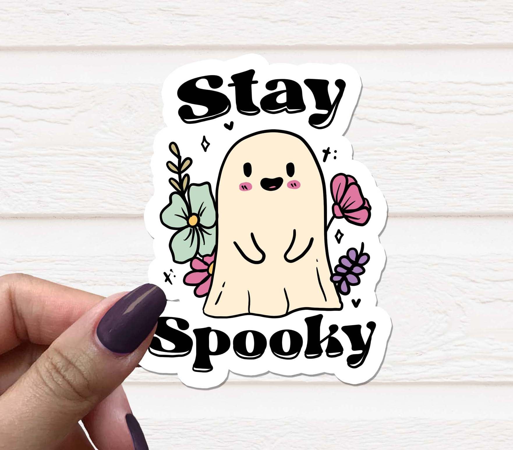 Stay Spooky Vinyl Sticker featuring a spooky design, measuring 3.2 inches, perfect for various surfaces.