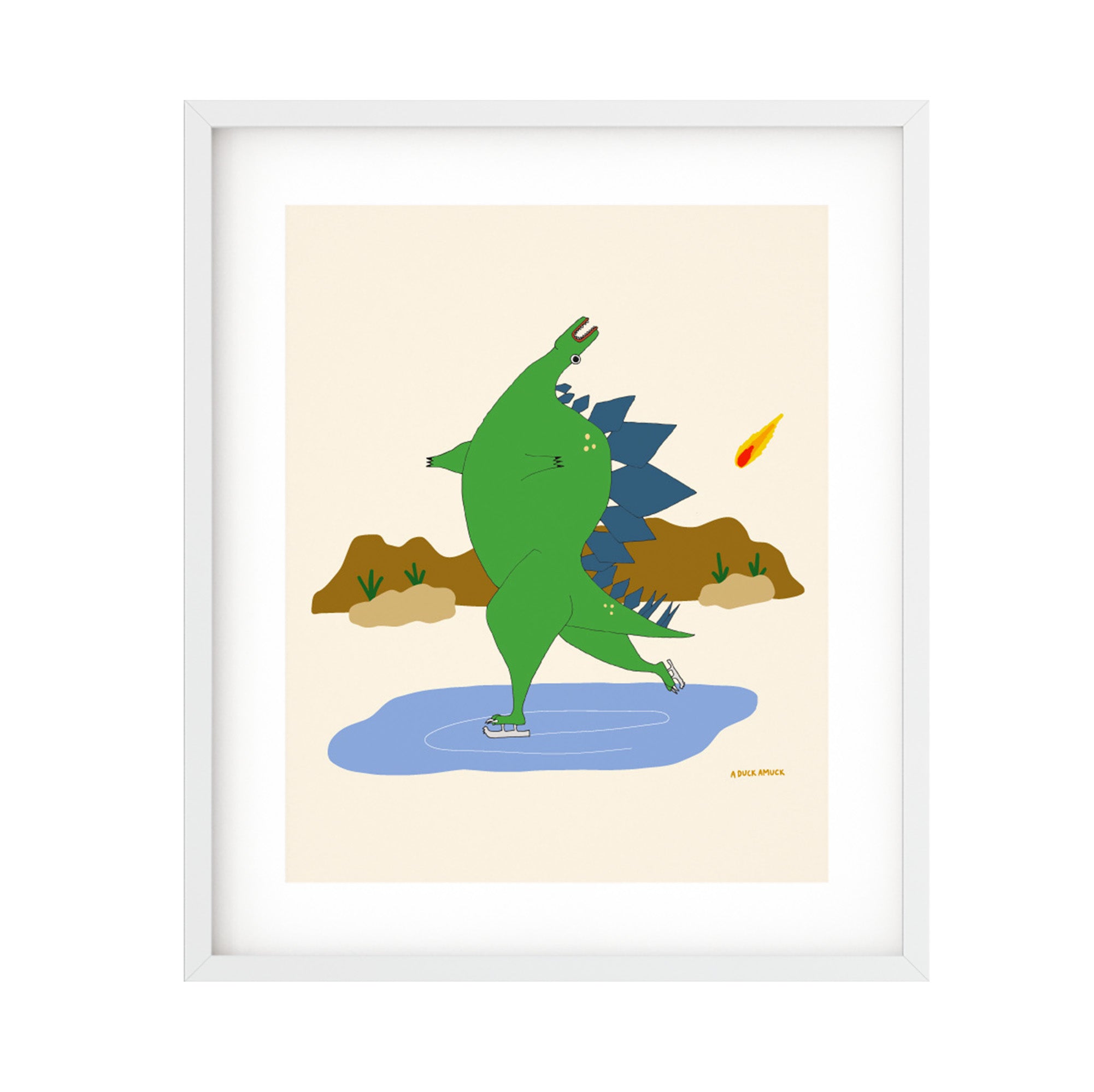 A whimsical illustration of a Stegosaurus figure skating, showcasing vibrant colors and playful design.