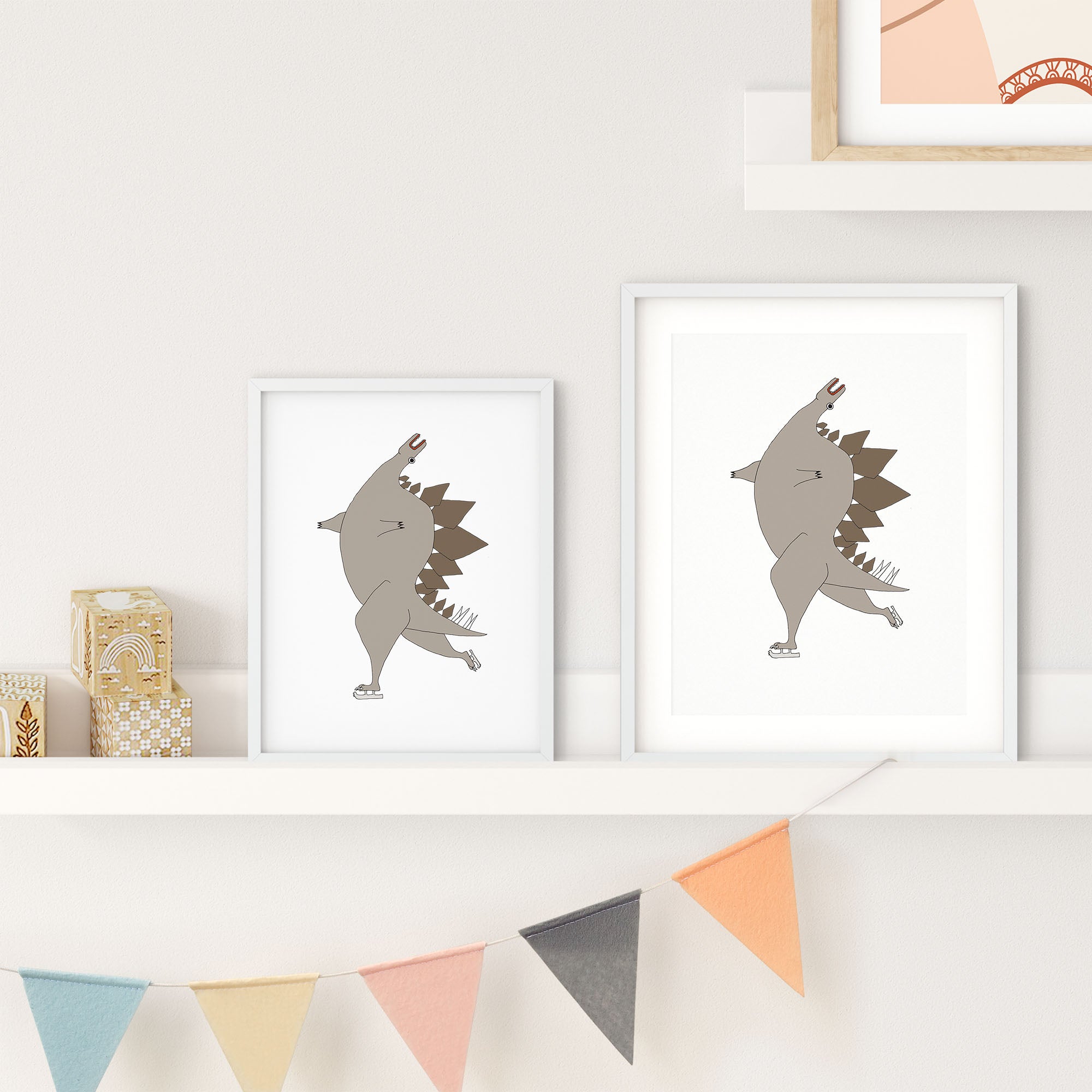 A whimsical illustration of a Stegosaurus figure skating, showcasing vibrant colors and playful design.