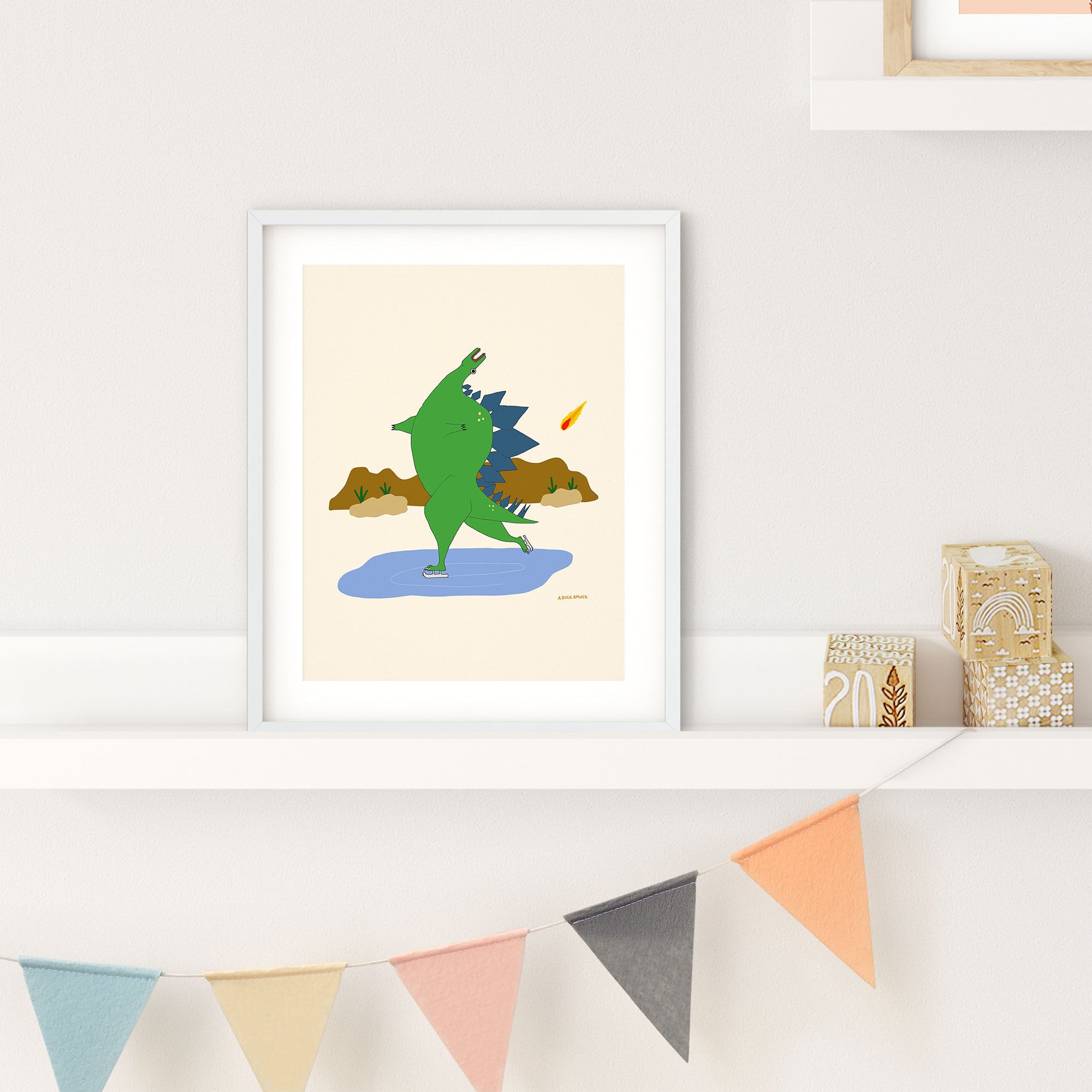 A whimsical illustration of a Stegosaurus figure skating, showcasing vibrant colors and playful design.