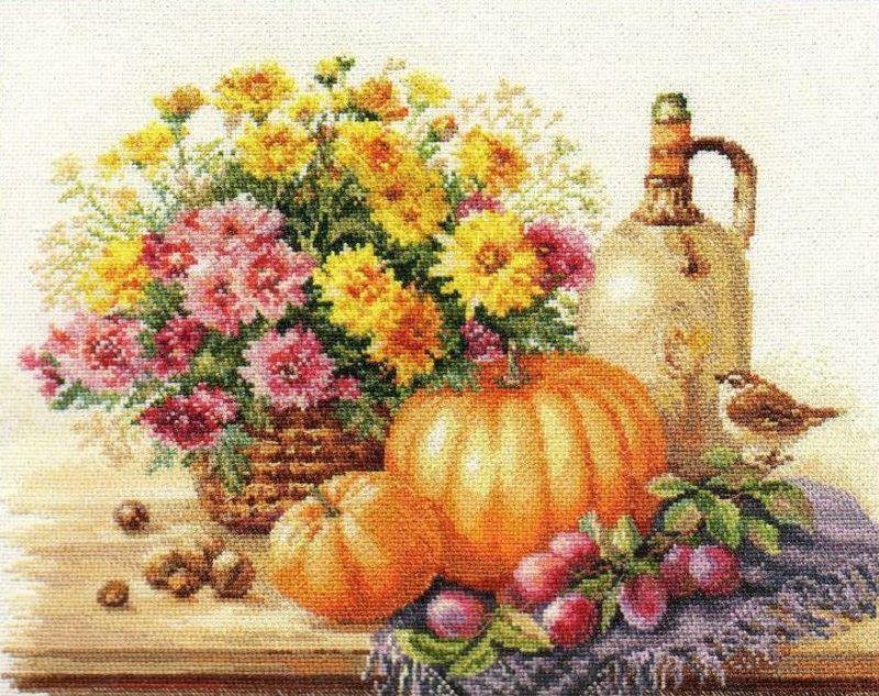 Still Life with Pumpkin Cross-Stitch Kit featuring 14 count AIDA canvas, cotton threads, and detailed instructions for crafting.