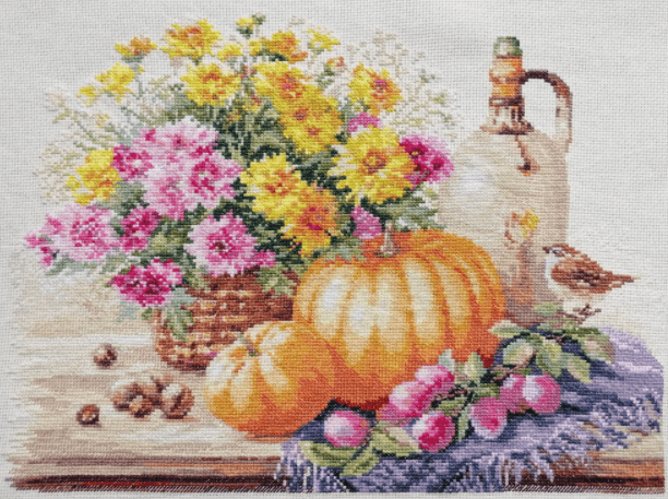 Still Life with Pumpkin Cross-Stitch Kit featuring 14 count AIDA canvas, cotton threads, and detailed instructions for crafting.