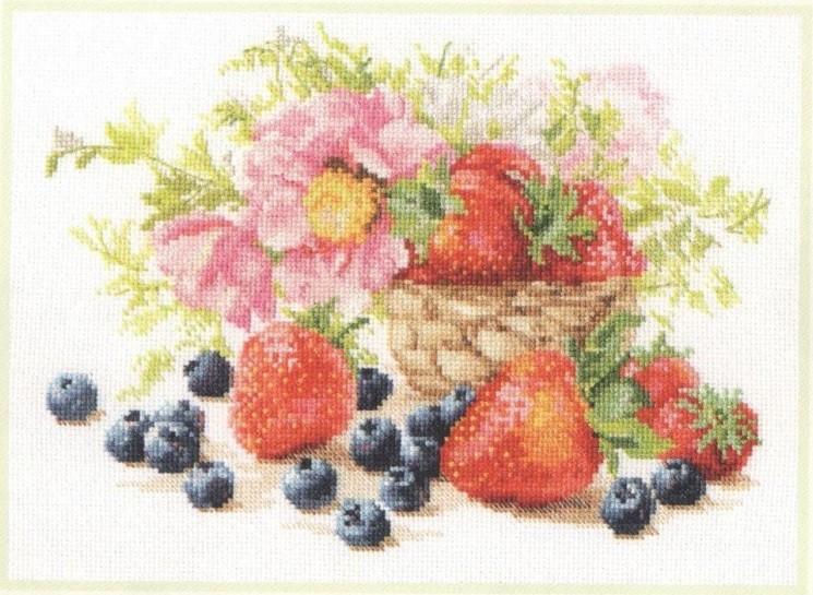 Strawberries 5-14 Cross-stitch kit featuring white Aida fabric, colorful threads, and an embroidery needle.