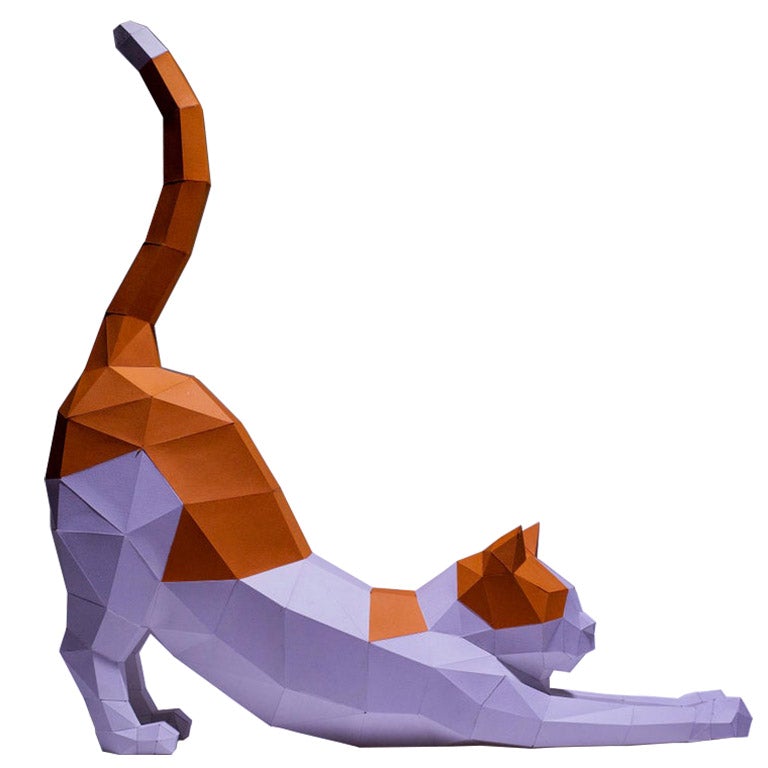 A colorful 3D paper model of a stretching cat, showcasing its playful pose and intricate design, made from recycled materials.