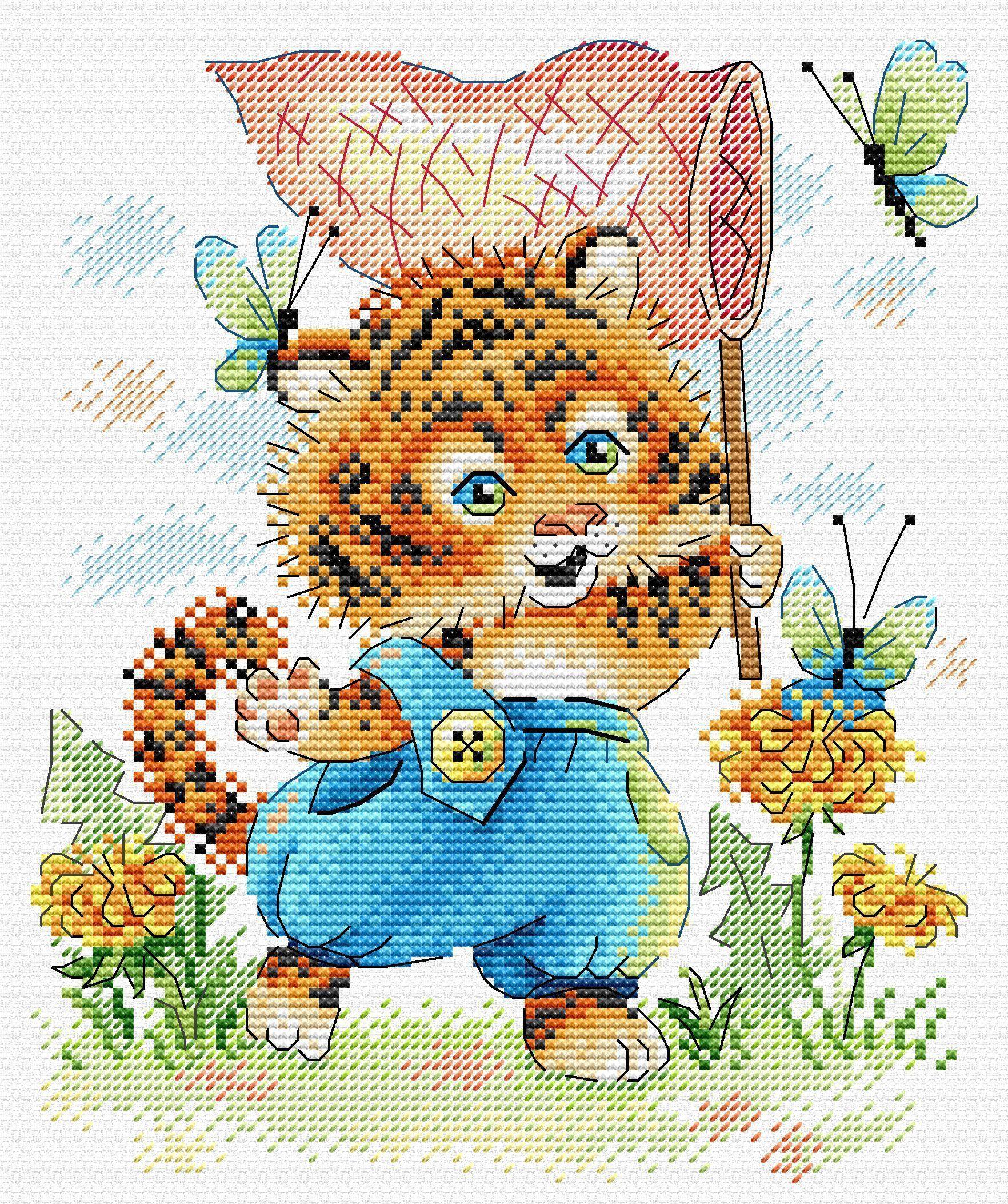 Striped Hunter SM-621 Counted Cross Stitch Kit featuring Aida canvas, colorful threads, and needle for crafting.