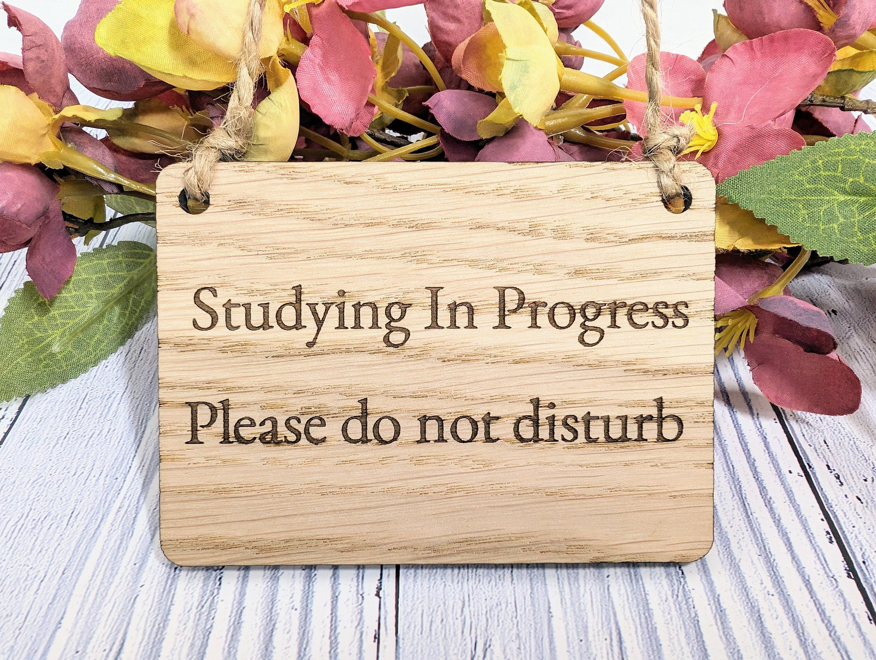 Handcrafted oak door sign reading 'Studying in Progress' with natural wood grain, perfect for maintaining study privacy.