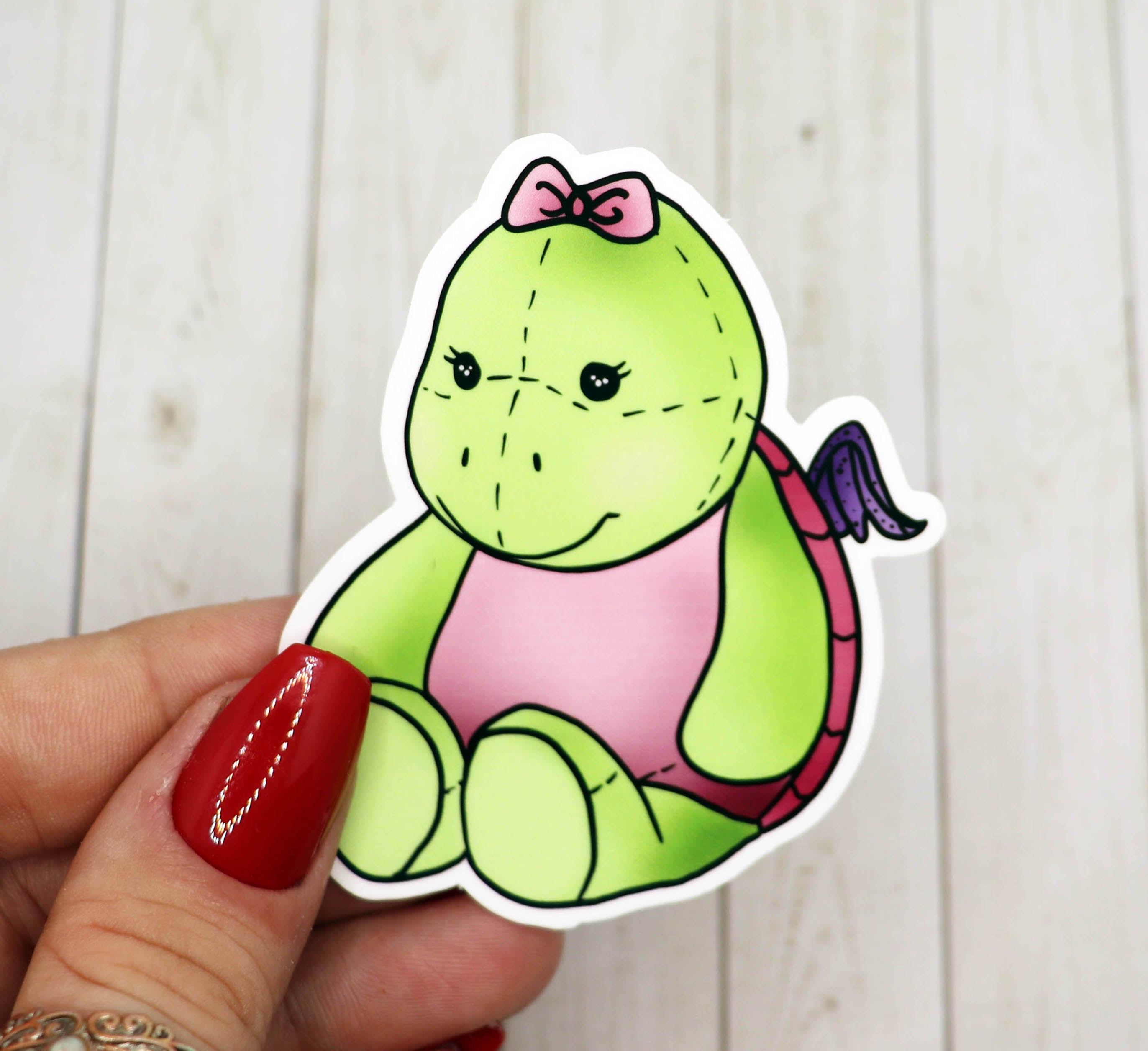 A vibrant 3-inch Stuffed Animal Turtle Vinyl Sticker on a white background, showcasing its cute design and matte finish.