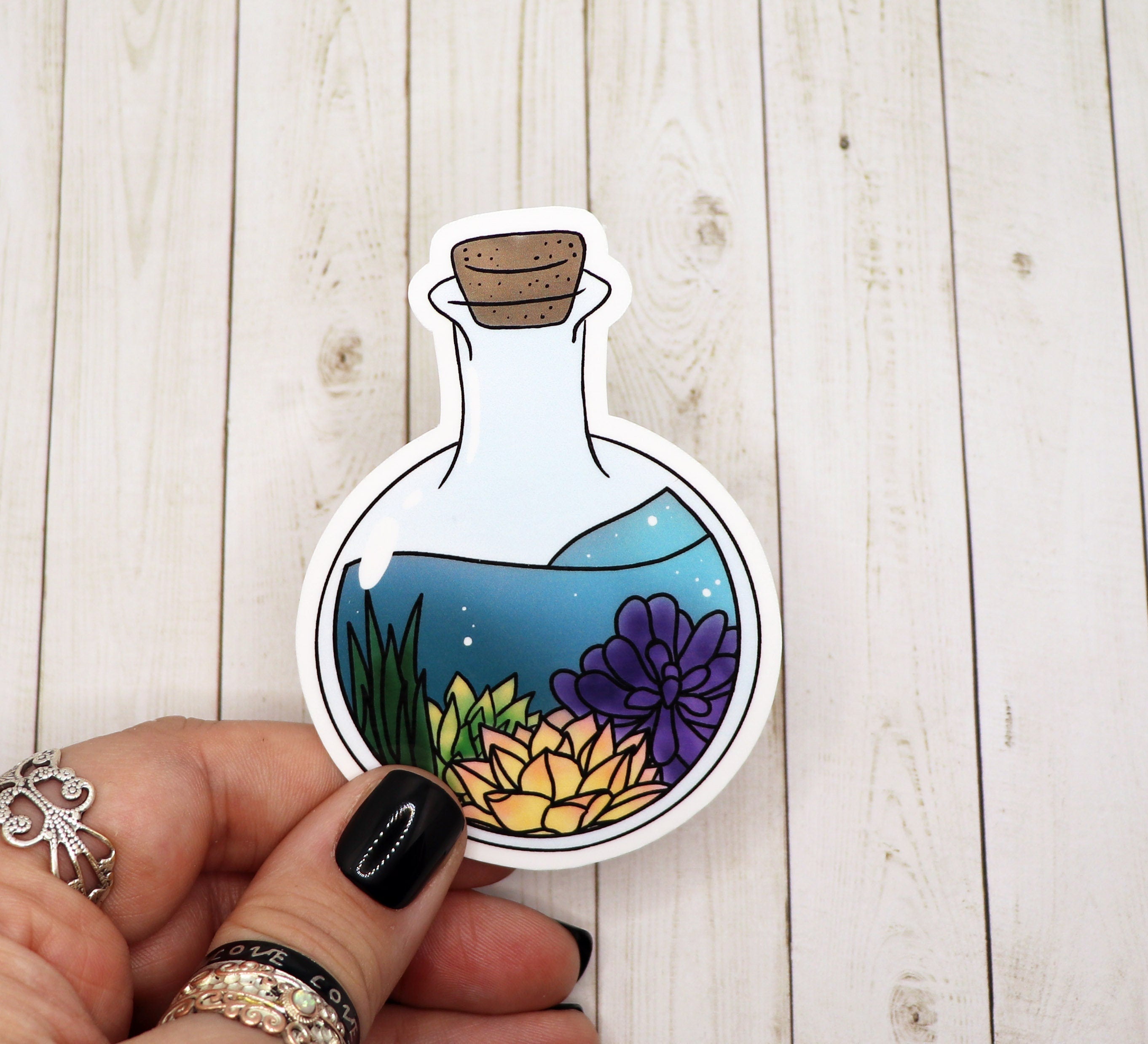 A colorful succulent potion bottle sticker on a white background, showcasing intricate details and vibrant colors.