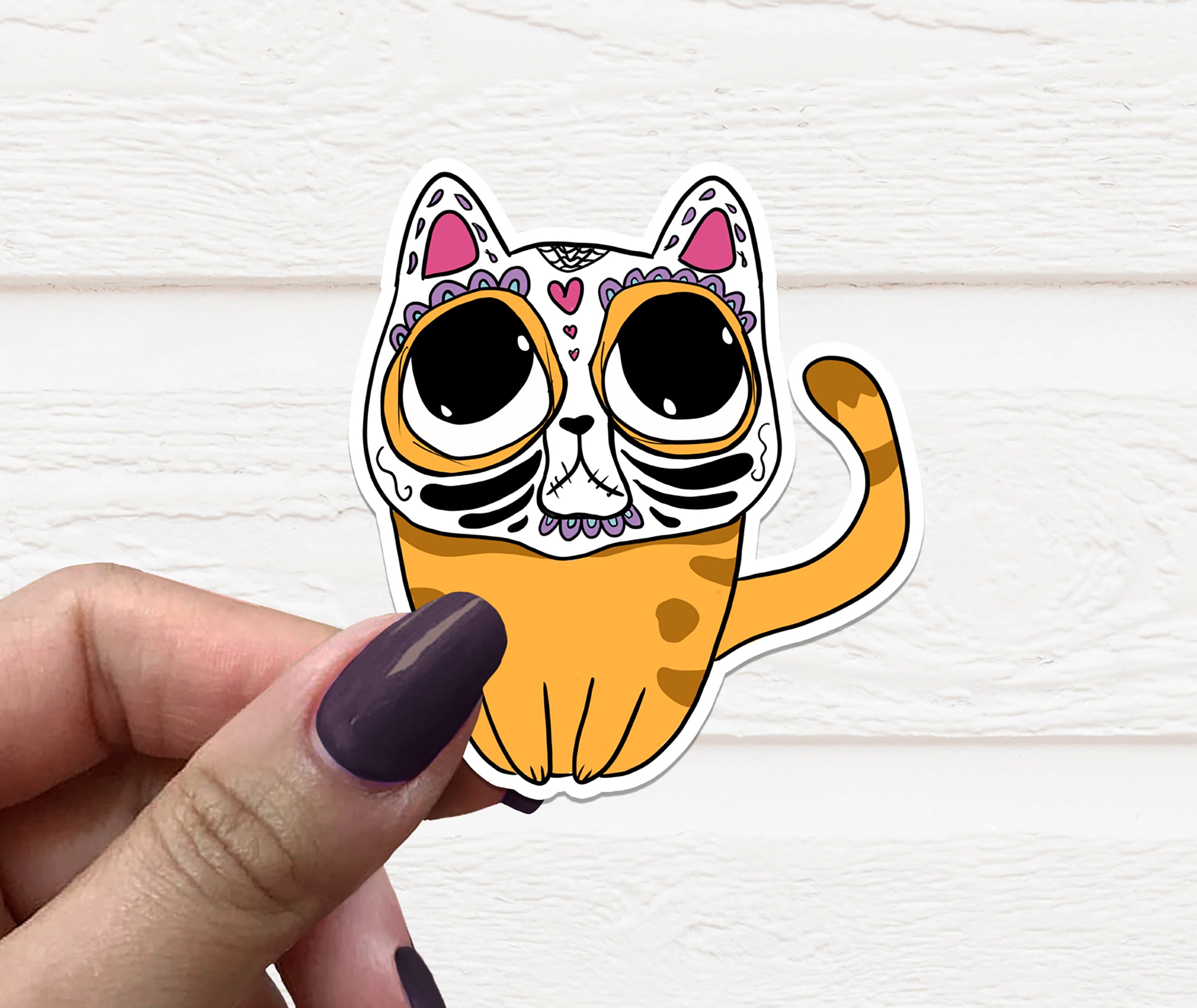 Colorful Sugar Skull Cat Sticker on a white background, featuring intricate designs and vibrant colors.