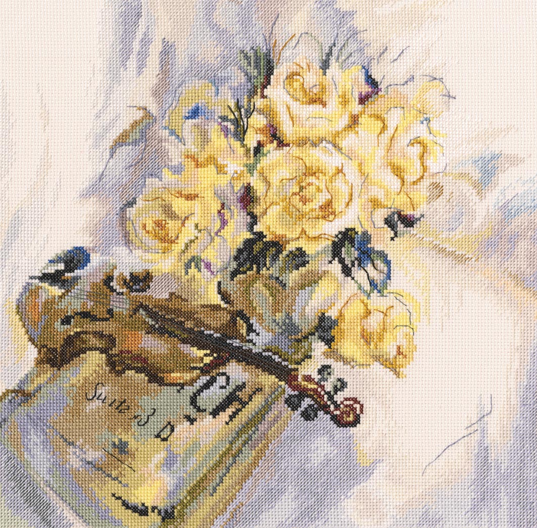 Suite for Violin M548 Counted Cross Stitch Kit featuring Aida 14 canvas, DMC threads, and detailed chart for stitching.