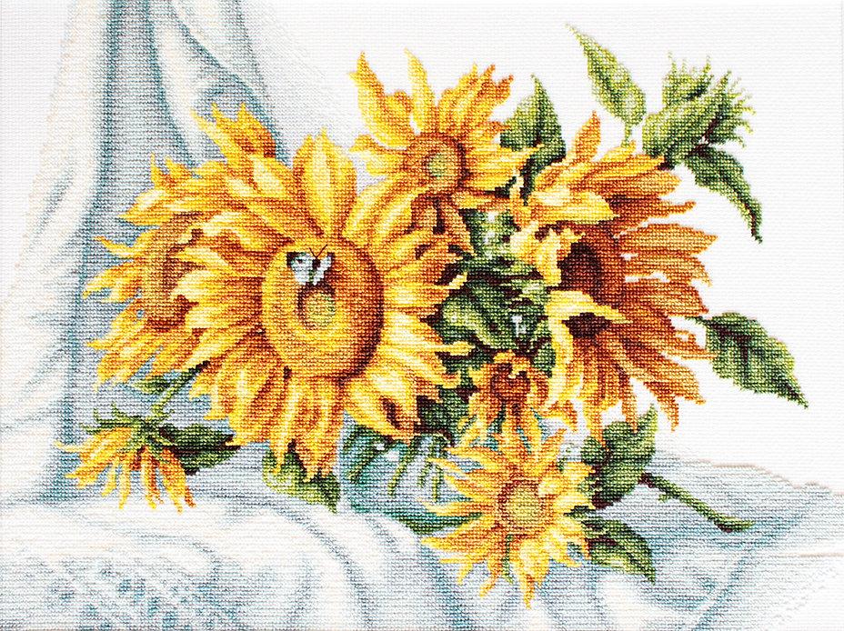 Sunflowers B2264L Counted Cross-Stitch Kit featuring vibrant sunflower design with Aida canvas and Anchor threads.