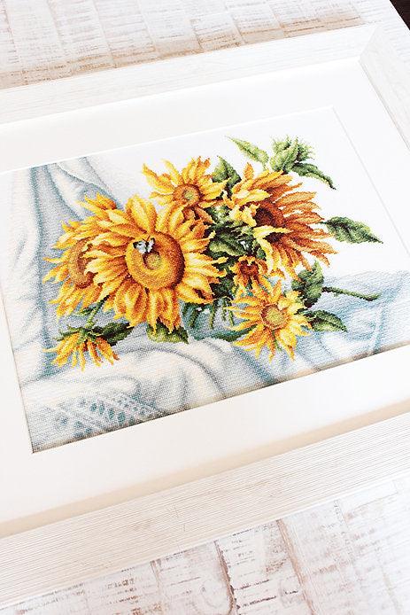 Sunflowers B2264L Counted Cross-Stitch Kit featuring vibrant sunflower design with Aida canvas and Anchor threads.