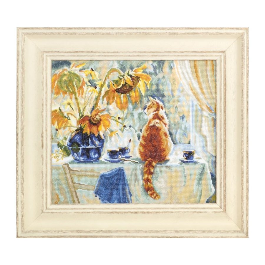 Sunny Day M483 Counted Cross Stitch Kit featuring Aida canvas, DMC threads, and included materials for crafting.