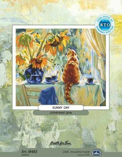 Sunny Day M483 Counted Cross Stitch Kit featuring Aida canvas, DMC threads, and included materials for crafting.