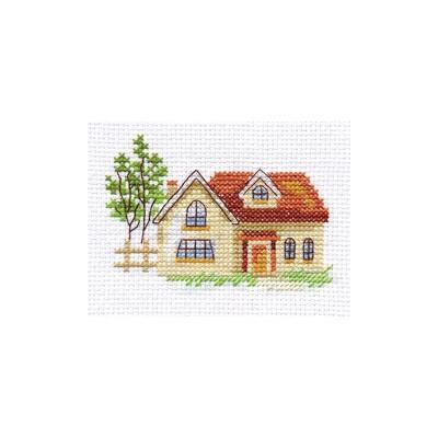 Sunny House 0-152 Counted Cross-Stitch Kit featuring white aida fabric, colorful threads, and an embroidery needle.