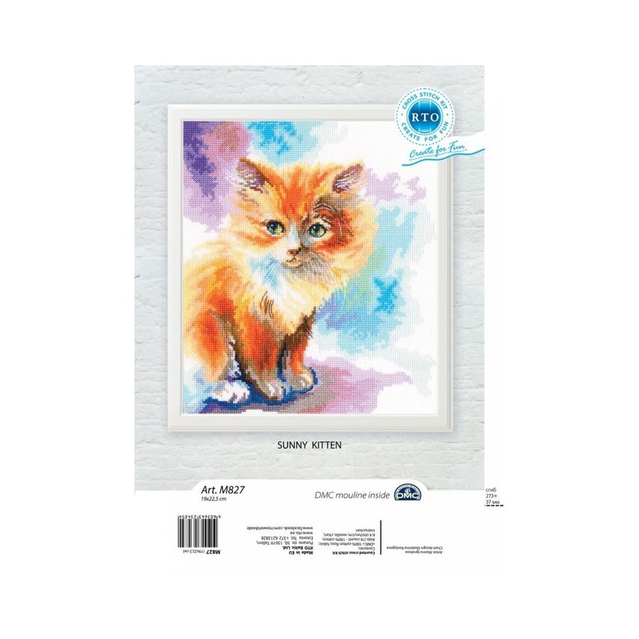 Sunny Kitten M827 Counted Cross Stitch Kit featuring colorful threads, Aida fabric, and a charming kitten design.