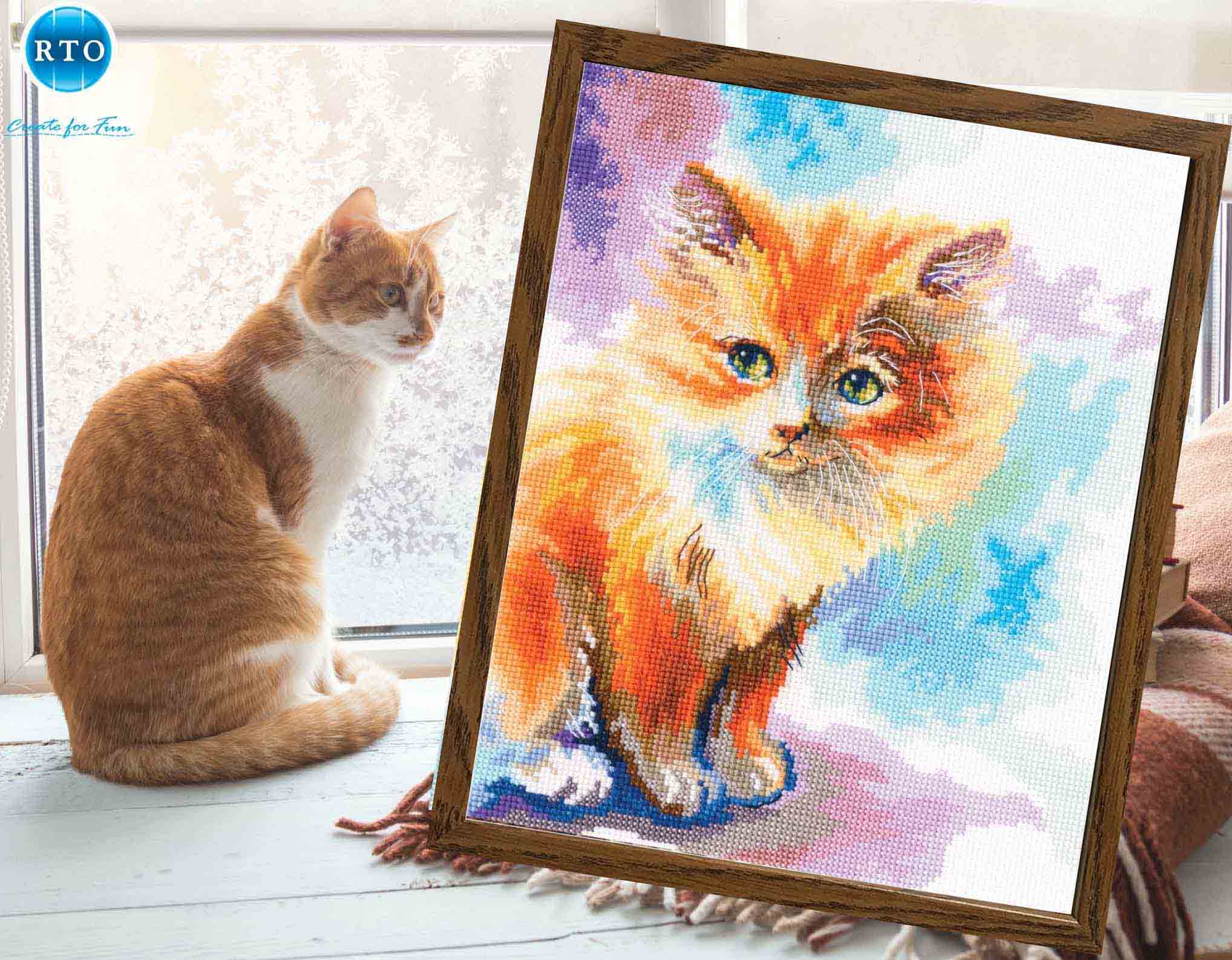 Sunny Kitten M827 Counted Cross Stitch Kit featuring colorful threads, Aida fabric, and a charming kitten design.