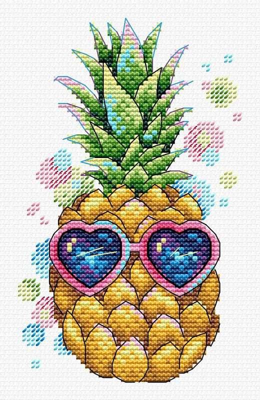 Sunny Pineapple SV-533 Cross-stitch kit featuring vibrant threads, soluble canvas, and a needle for crafting.