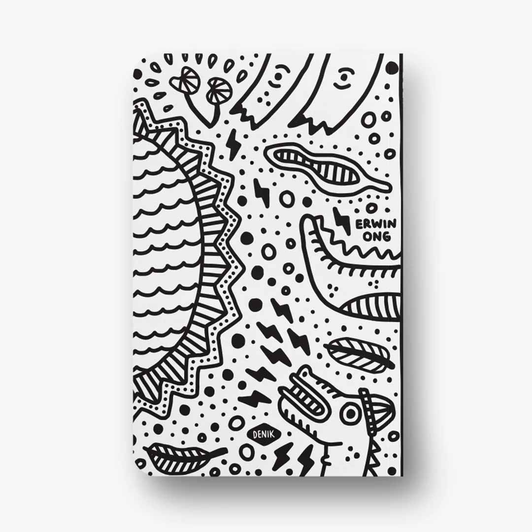 Swamp Outlines Softcover Classic Layflat Notebook featuring swamp creatures illustration by Erwin Ong, showcasing a water-resistant cover and dot grid pages.