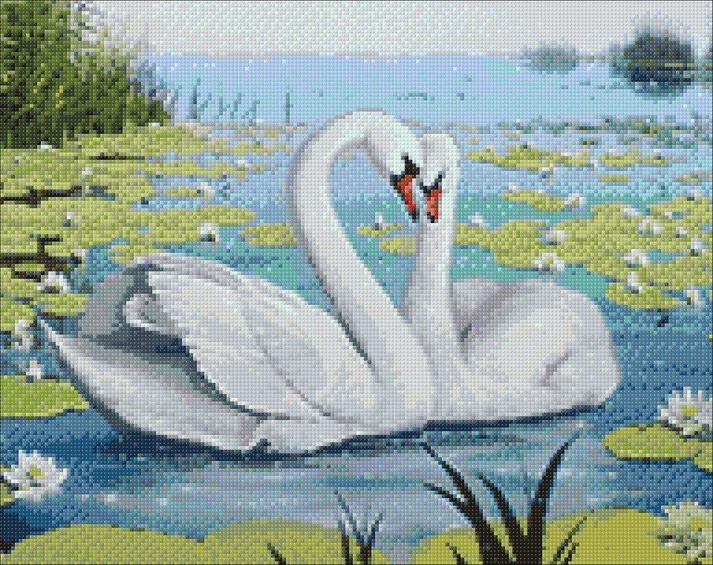 Swan Song WD239 Diamond Painting Kit featuring a self-adhesive canvas, tools, and colorful acrylic diamonds in a beautifully designed package.