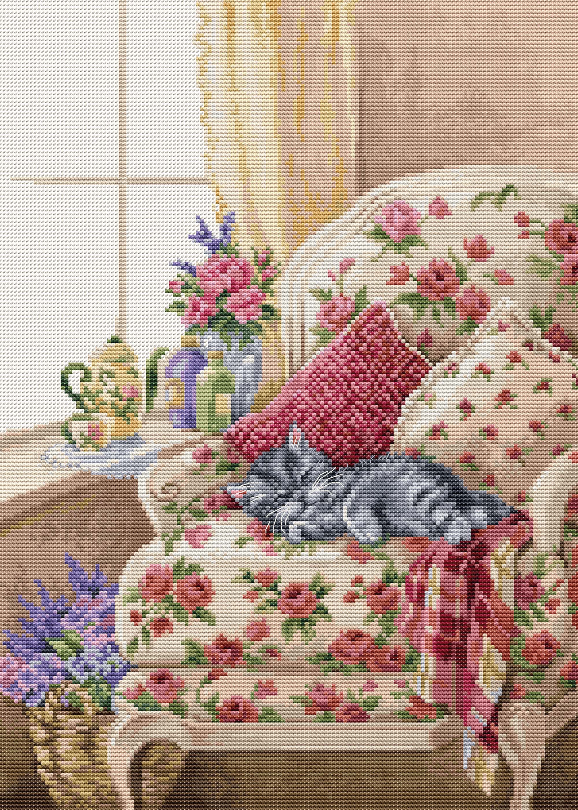 Sweet Dreams BU5017L Counted Cross-Stitch Kit featuring Aida canvas, colorful threads, and needle for crafting.