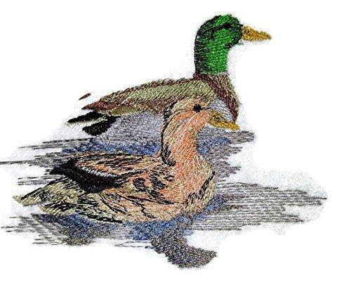 Swimming Mallard Pair embroidered patch showcasing vibrant colors and intricate design, perfect for iron-on or sewing applications.