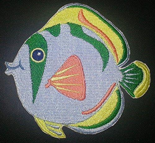 Tammy Tropical Fish Embroidered Iron On/Sew Patch featuring vibrant colors and intricate embroidery, measuring 4.5 inches by 4 inches.