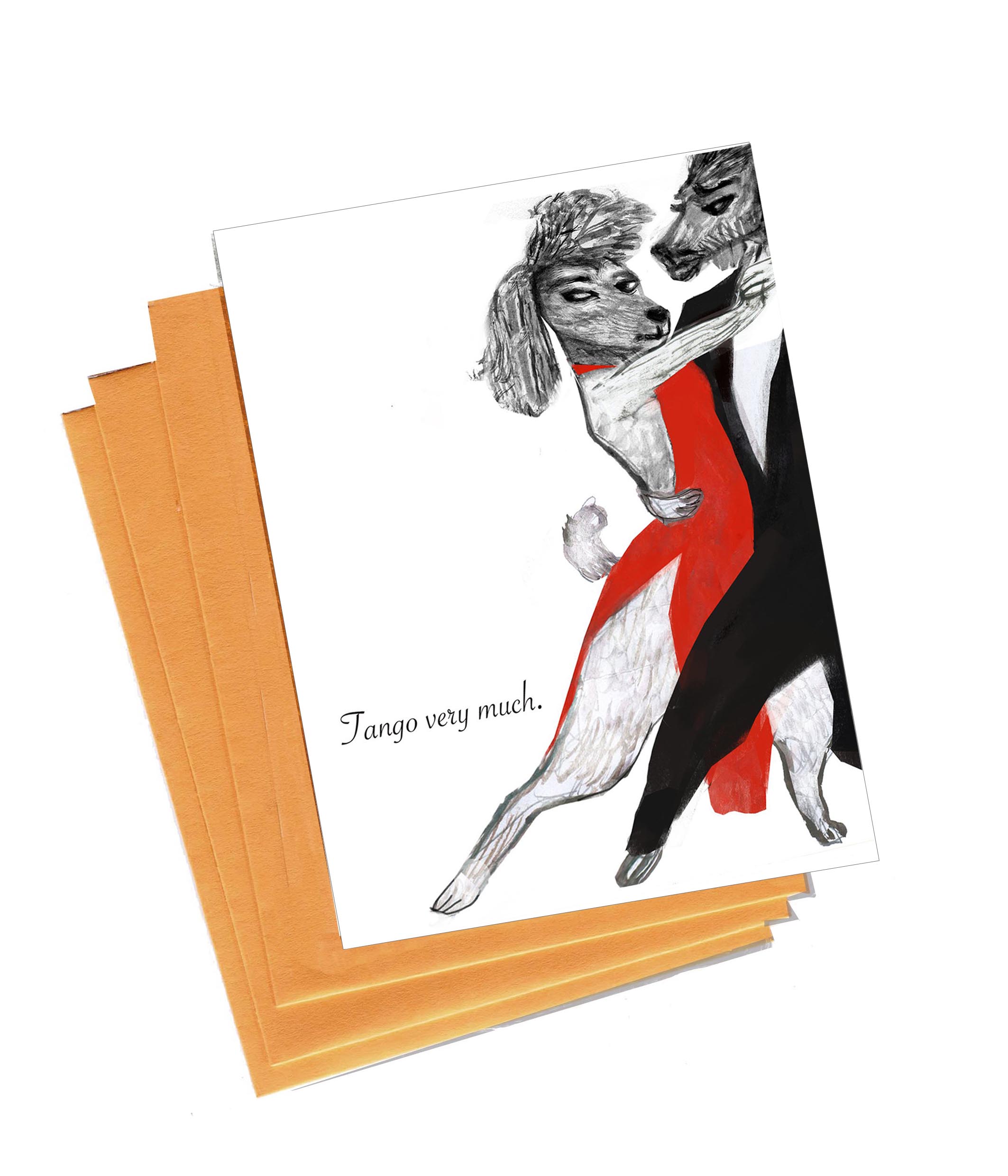 A set of 8 Tango Very Much boxed note cards with colorful envelopes, neatly arranged in a stylish storage box.