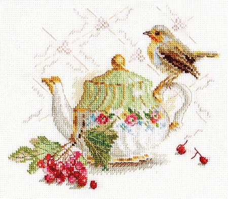 Tea Guest 5-19 Cross-stitch kit with white aida fabric, colorful threads, and an embroidery needle.