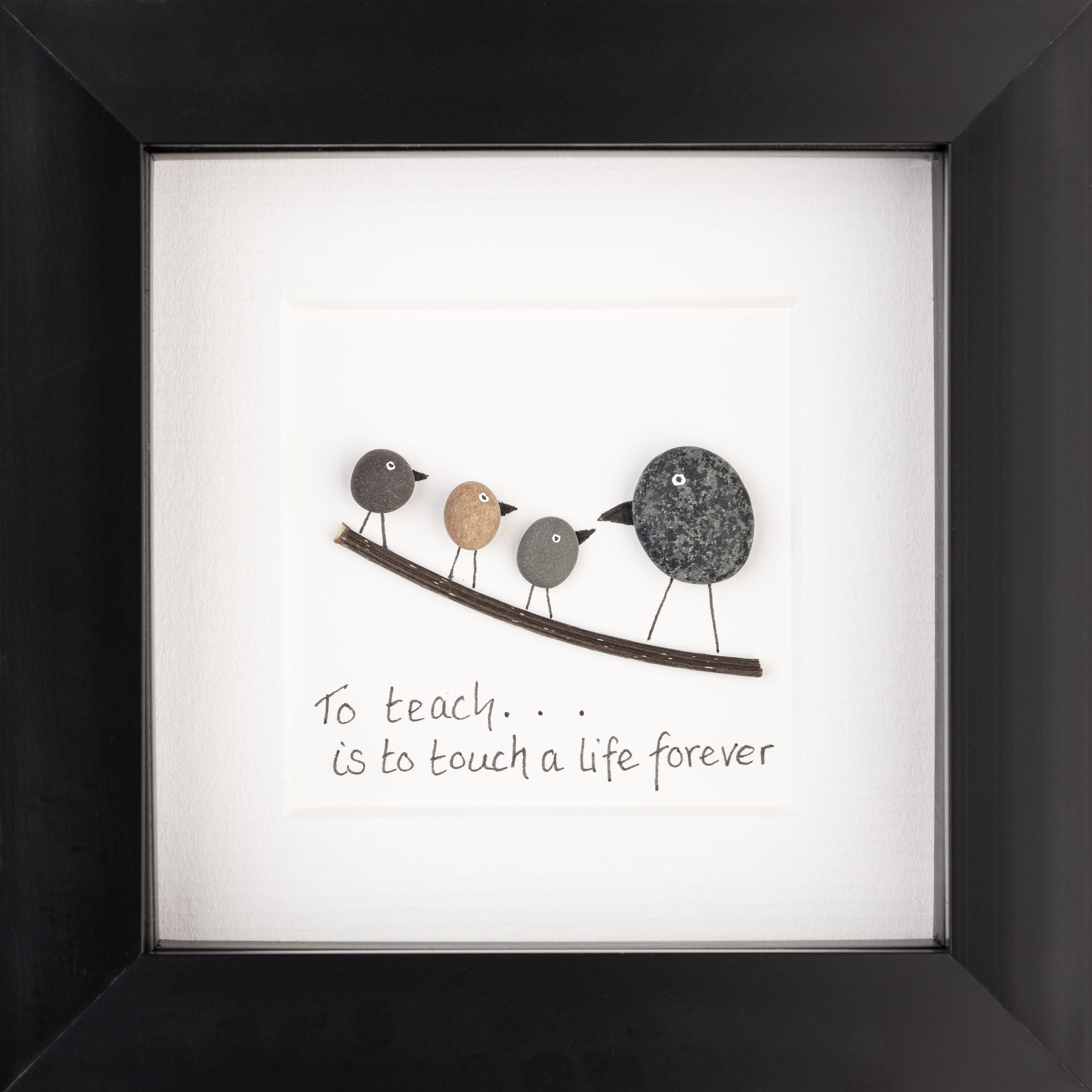 Beautiful teacher pebble art frame with unique design, available in white or black frame.