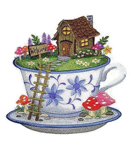 Teacup Fairy Garden embroidered patch featuring vibrant colors and intricate design, perfect for iron-on or sewing applications.