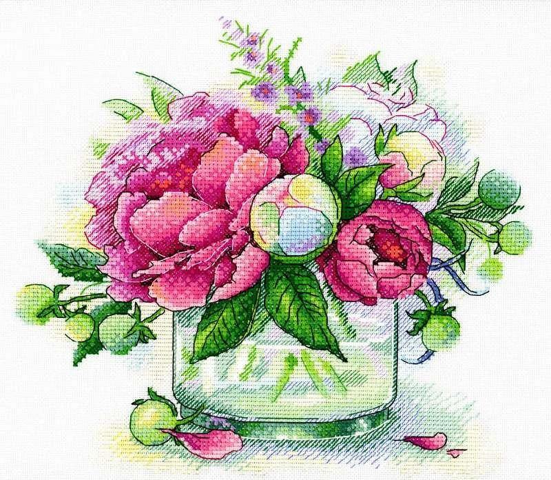 Tender Aroma SA-032 Cross-stitch kit featuring pink peonies in a vase, complete with canvas, threads, needle, and instructions.