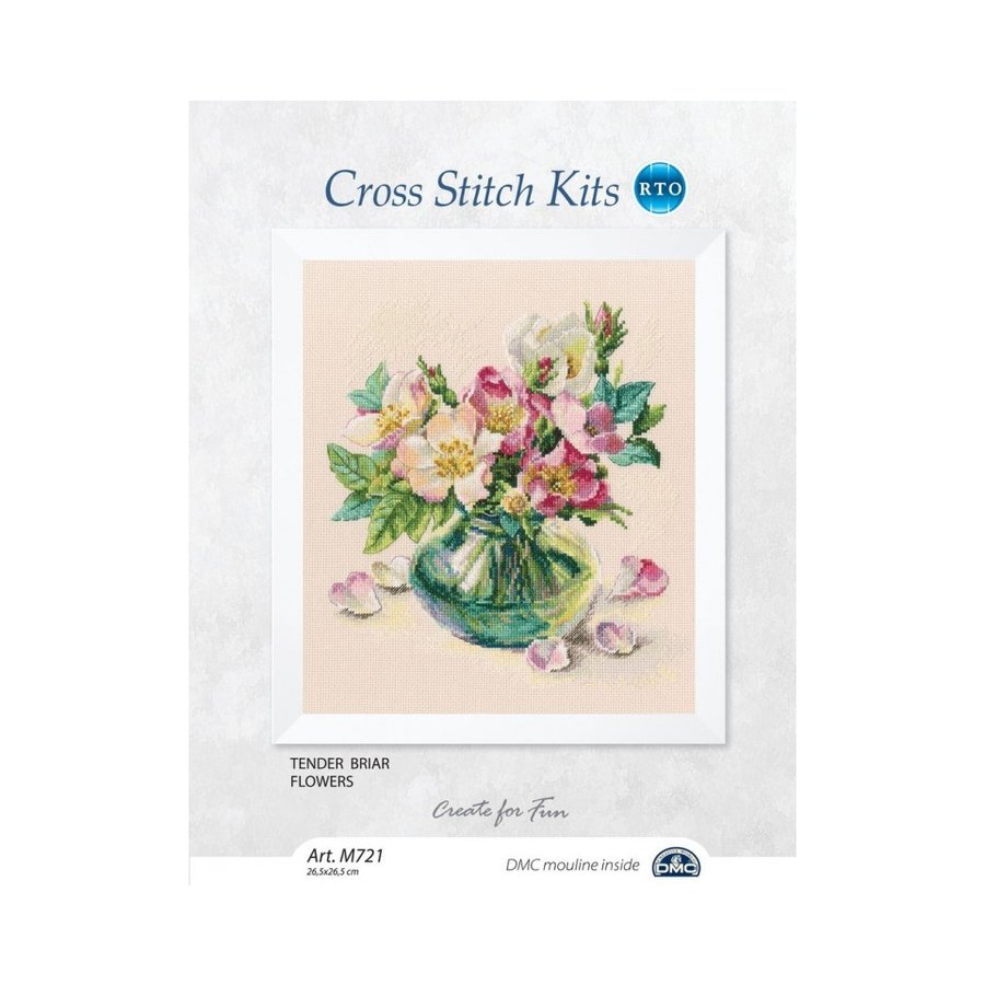 Tender Briar Flowers M721 Counted Cross Stitch Kit with Aida canvas, cotton threads, and tools for stitching.