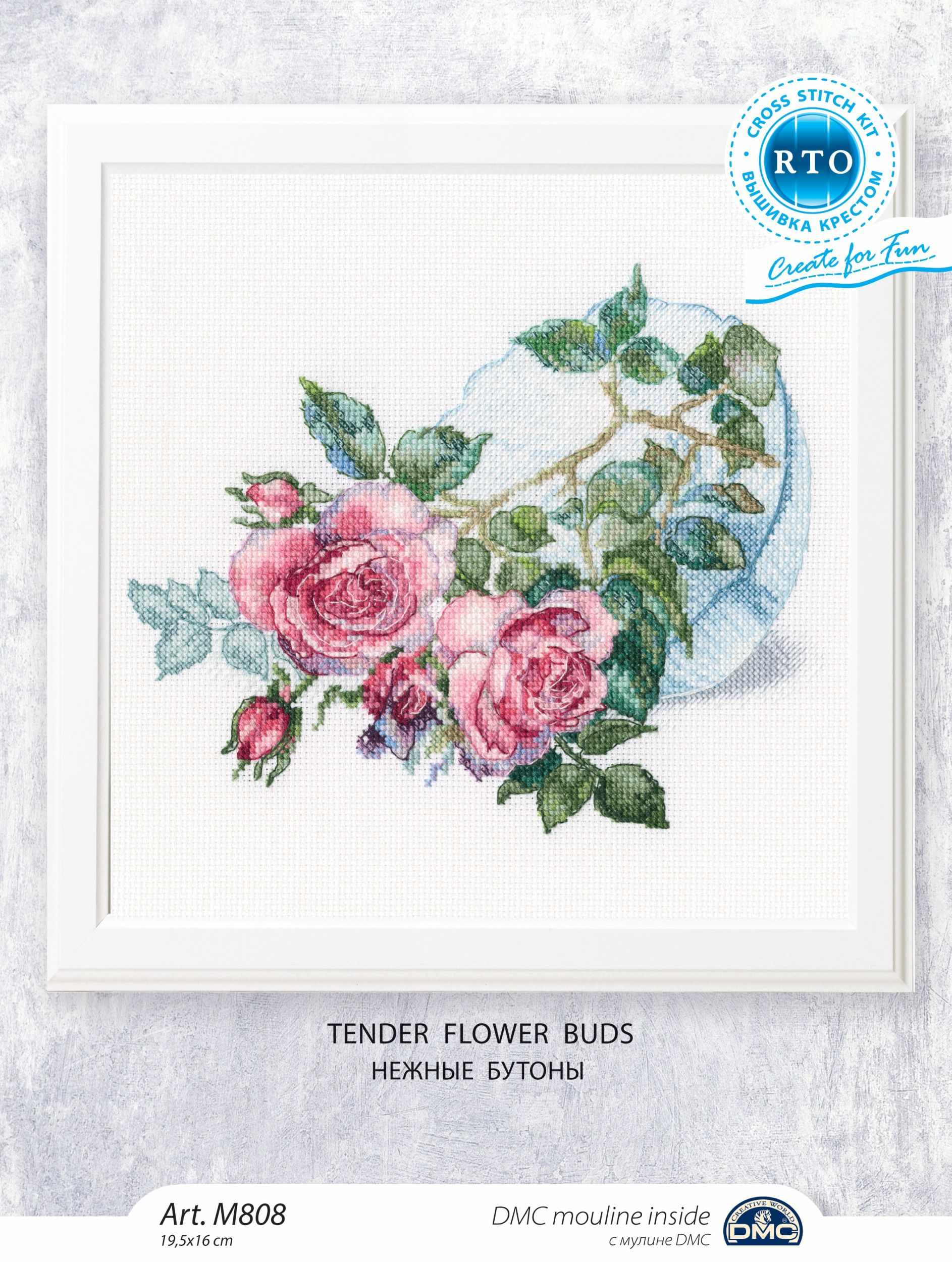 Tender Flower Buds M808 Counted Cross Stitch Kit featuring Aida16 canvas, DMC threads, and floral design chart.