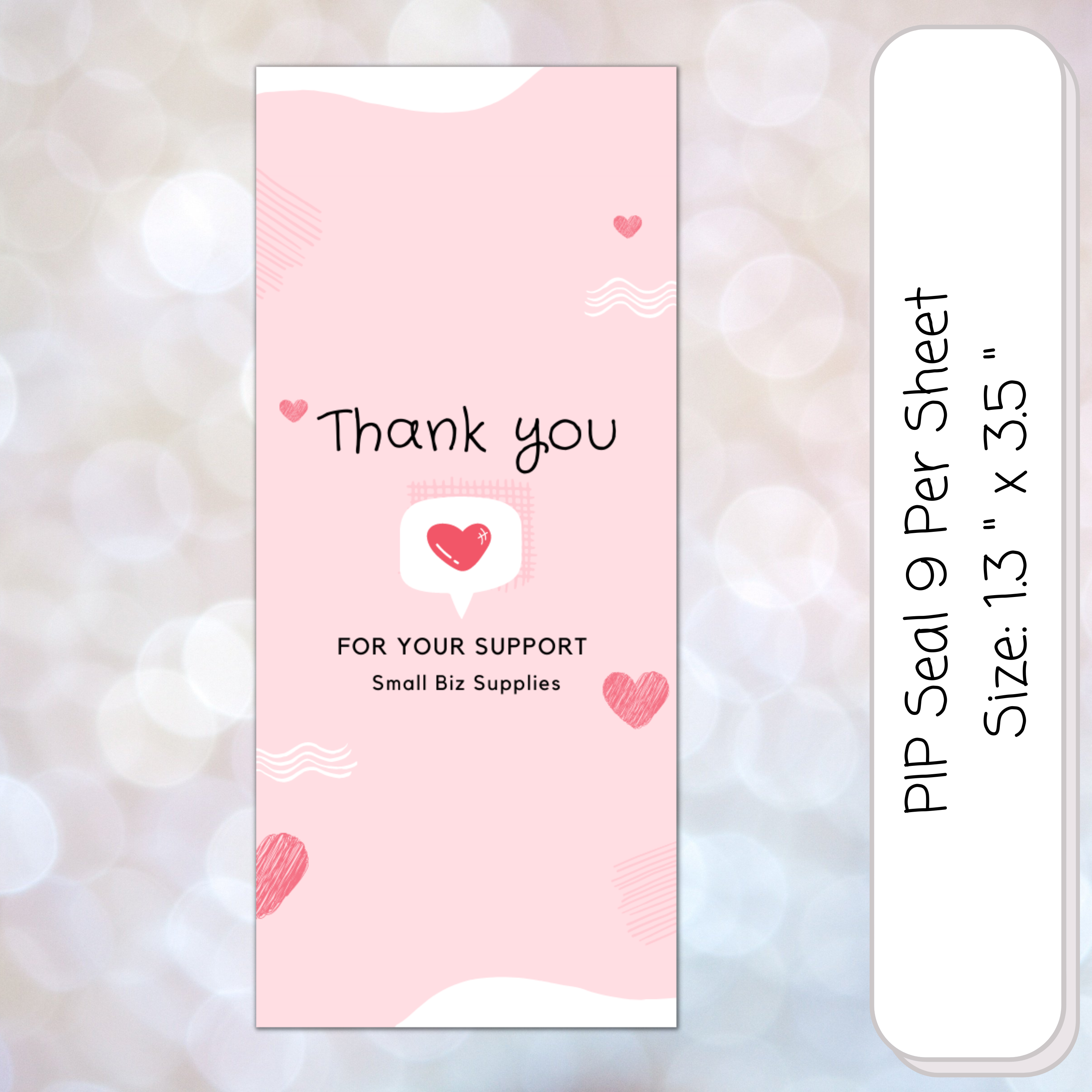 A sheet of Thank You Heart Mail PIP Seal stickers featuring nine heart-shaped designs with a matte finish, ideal for gifts and correspondence.