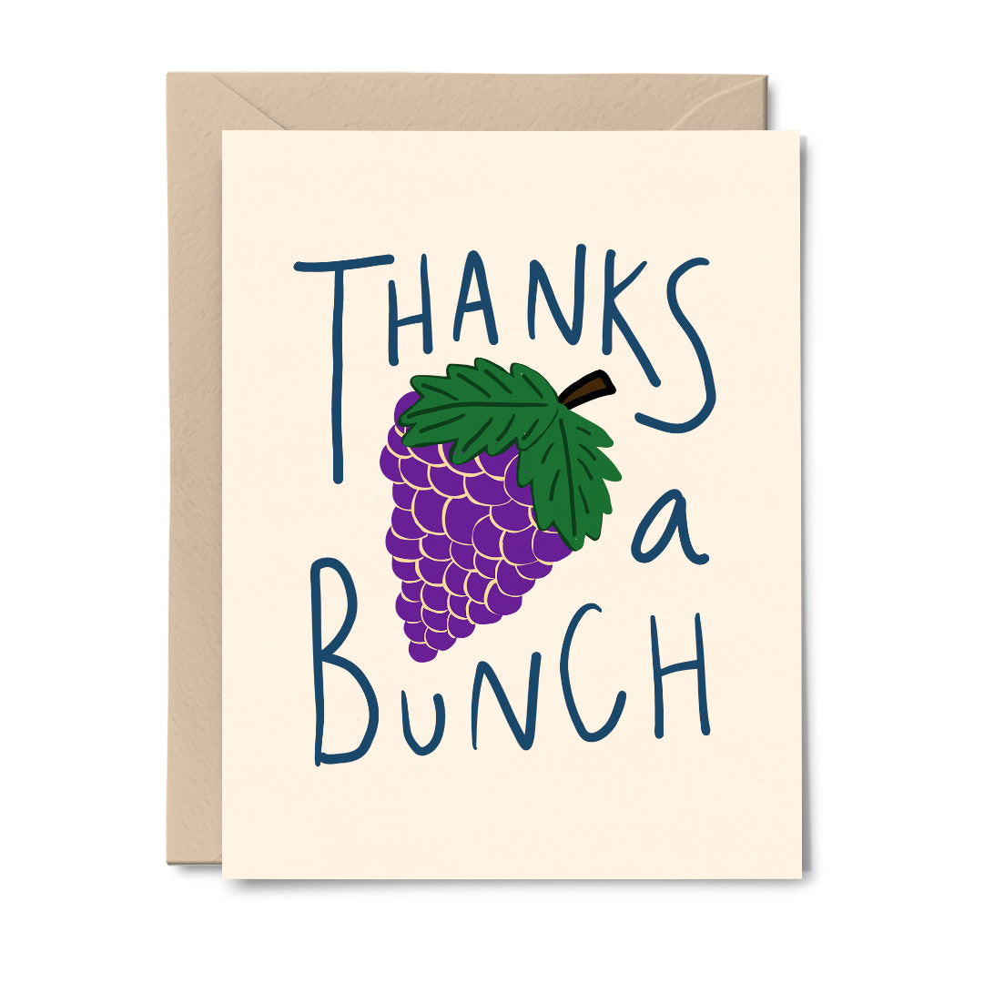 A beautifully designed thank you card featuring purple grapes and the hand-lettered message 'Thanks A Bunch'.