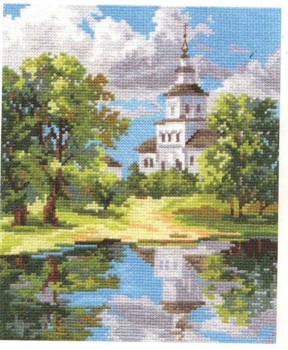 Cross-stitch kit featuring a church by a serene pond, includes fabric, threads, needle, and instructions.