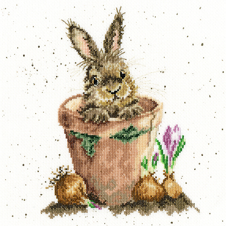 The Flower Pot XHD76 Counted Cross Stitch Kit featuring 14 count Aida fabric, pre-sorted threads, and essential stitching tools.