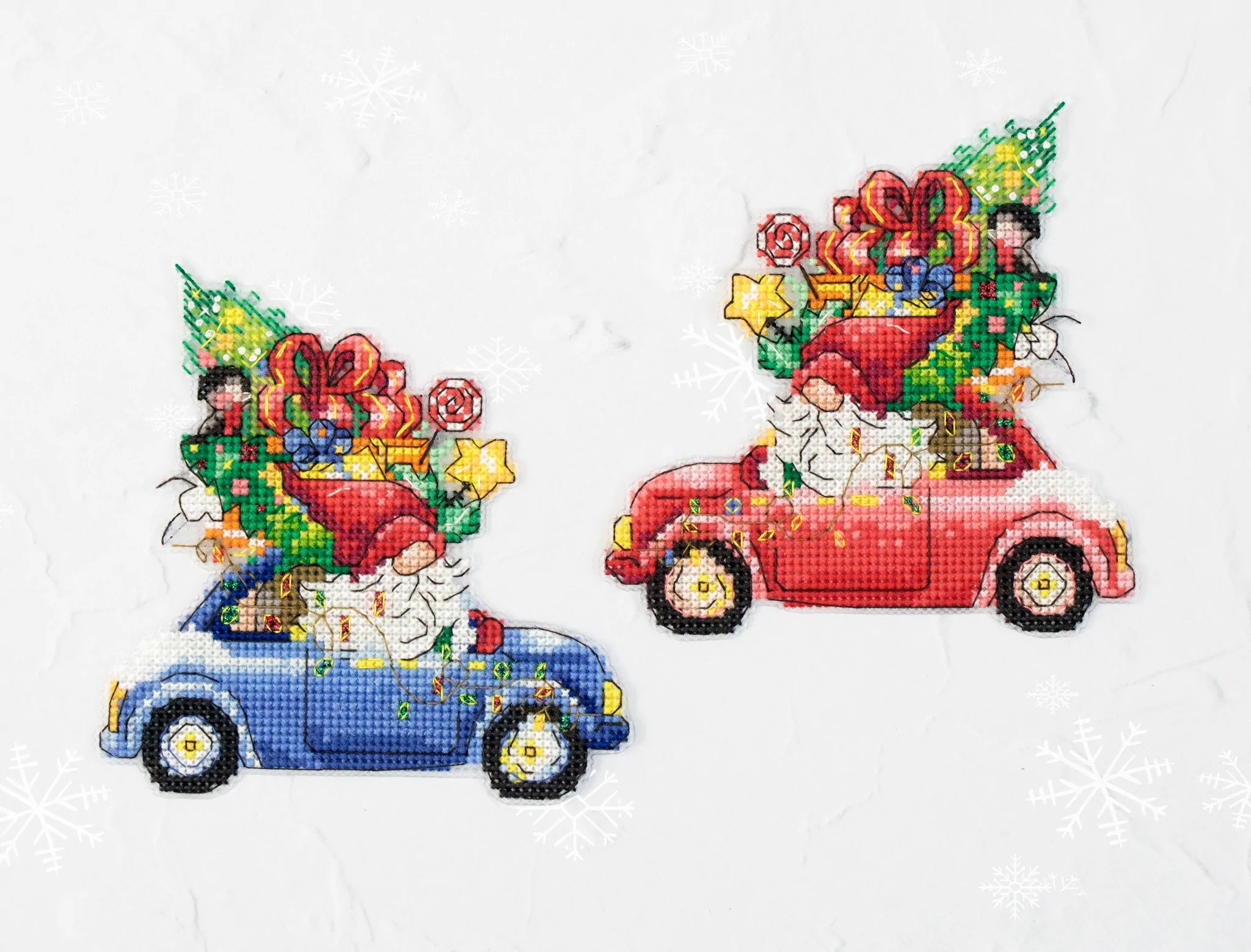 The Gift Car JK035L Counted Cross-Stitch Kit featuring colorful threads, Aida Plastic canvas, and a needle, perfect for crafting.