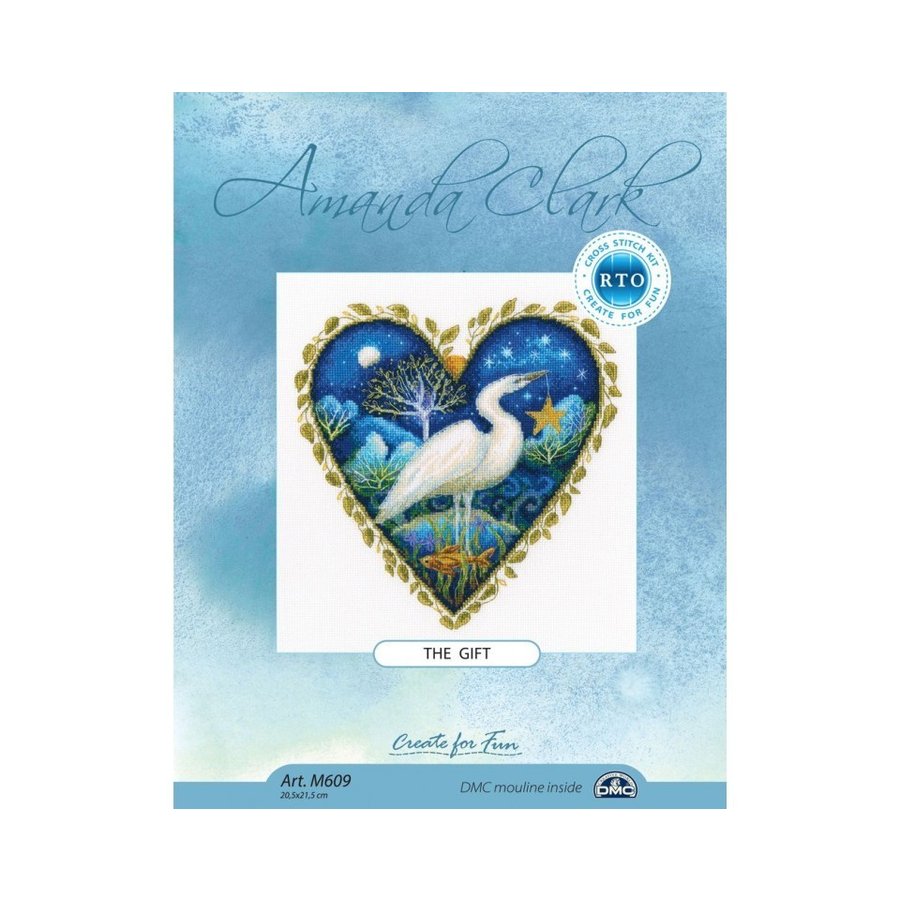 The gift M609 Counted Cross Stitch Kit featuring white Aida canvas, colorful threads, and included needle and instructions.