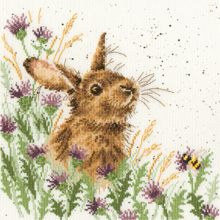 The Meadow XHD30 Counted Cross Stitch Kit featuring 14 count Zweigart Aida fabric, pre-sorted cotton threads, and stitch diagram.