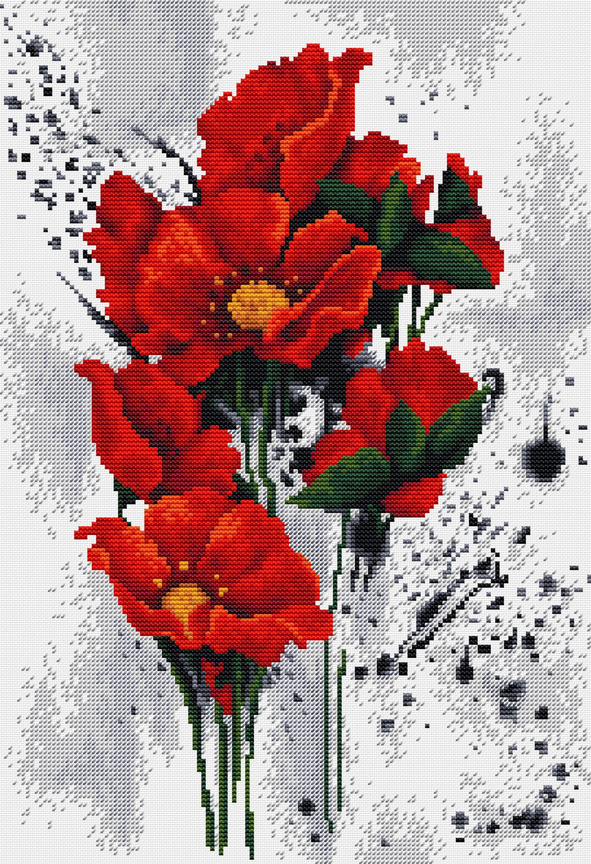 The Poppies B7014L Counted Cross-Stitch Kit featuring vibrant threads and canvas for crafting.