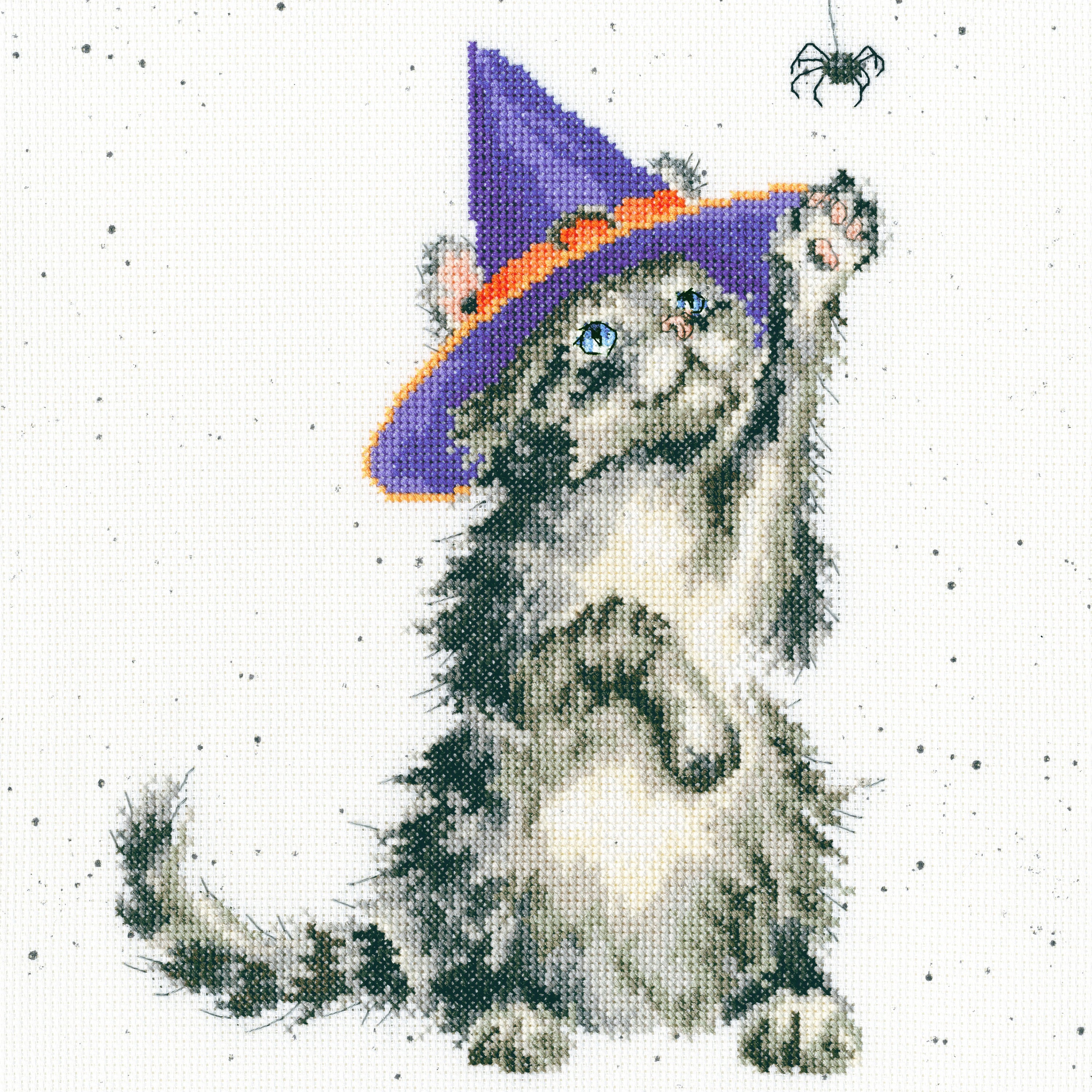 The Witch's Cat XHD105 Counted Cross Stitch Kit featuring a whimsical cat design on speckled Aida fabric with threads and needle.